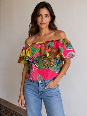 Off-Shoulder Floral Patchwork Crop Top in Fuchsia
